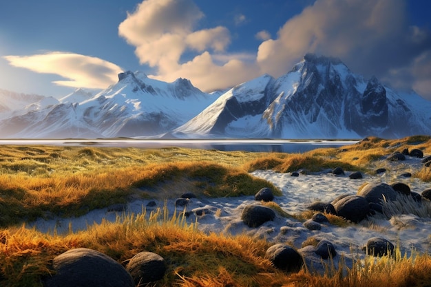 a mountain with a lake and a mountain in the background