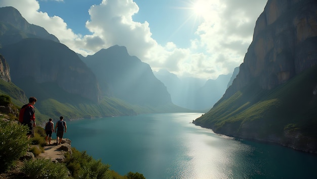 Photo a mountain with a lake and mountains in the background