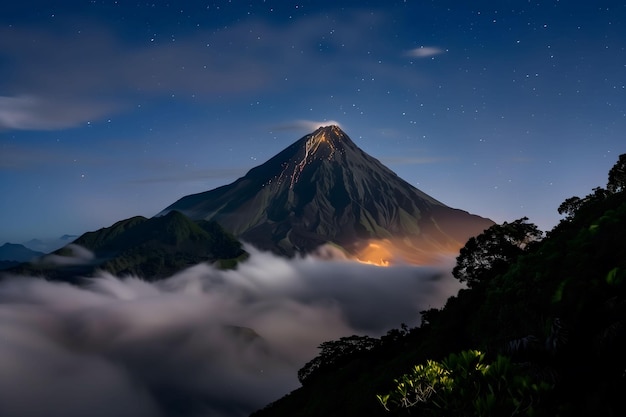 a mountain with a light on it and the word mountain on the top