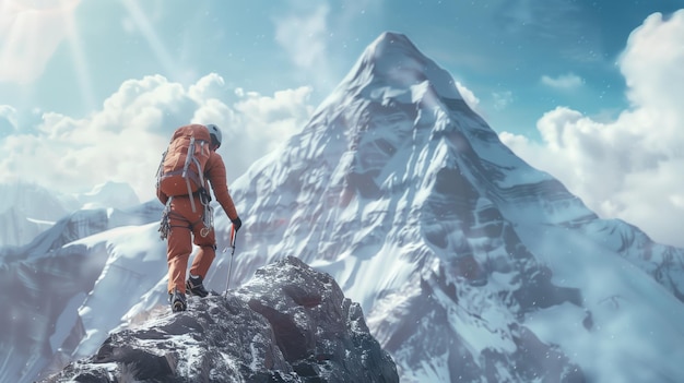 a mountain with a man on it and a mountain in the background