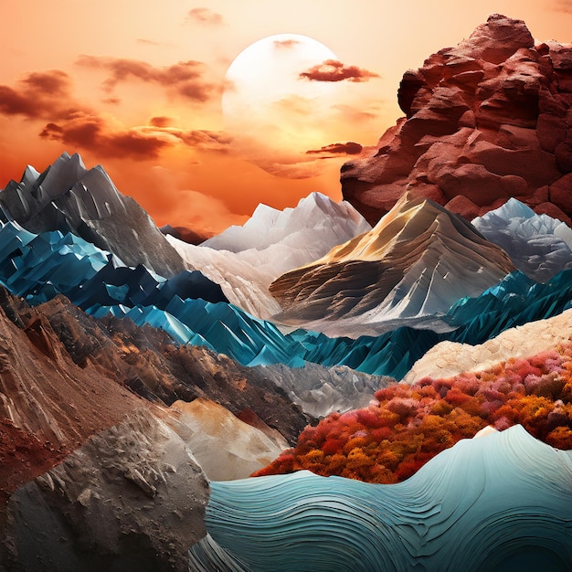 a mountain with a mountain in the background and a red and orange sky