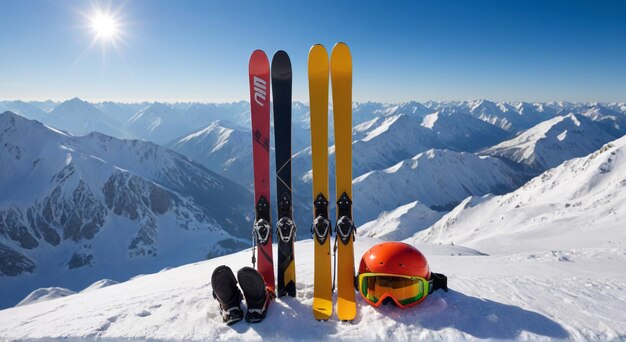 a mountain with a mountain in the background and skis on the snow