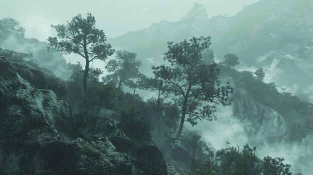 a mountain with a mountain in the background and a tree in the middle