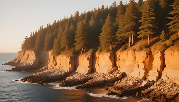 Photo a mountain with pine trees on it and a body of water