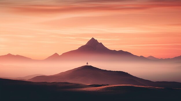 A mountain with a pink sky and a person standing on it