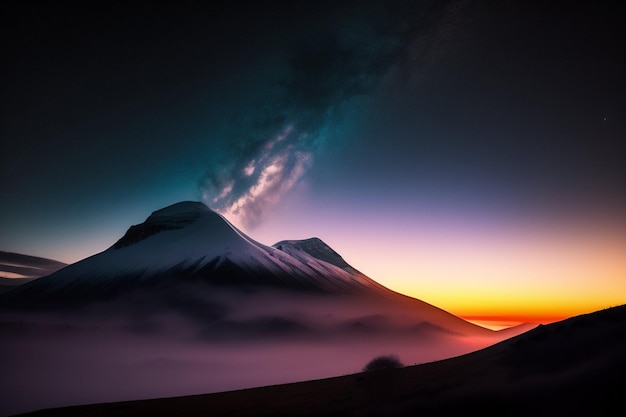 A mountain with a purple sky and a cloud that says'mountain '