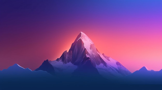 A mountain with a purple sky and the sun shining on it.