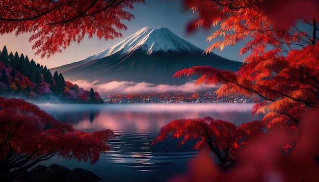 A mountain with red leaves and a lake in the foreground