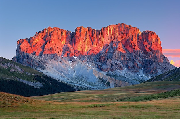 a mountain with a red rock in the background and a mountain in the background