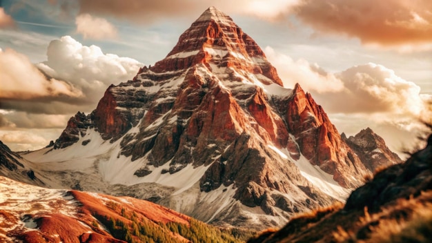 a mountain with a red rock in the background