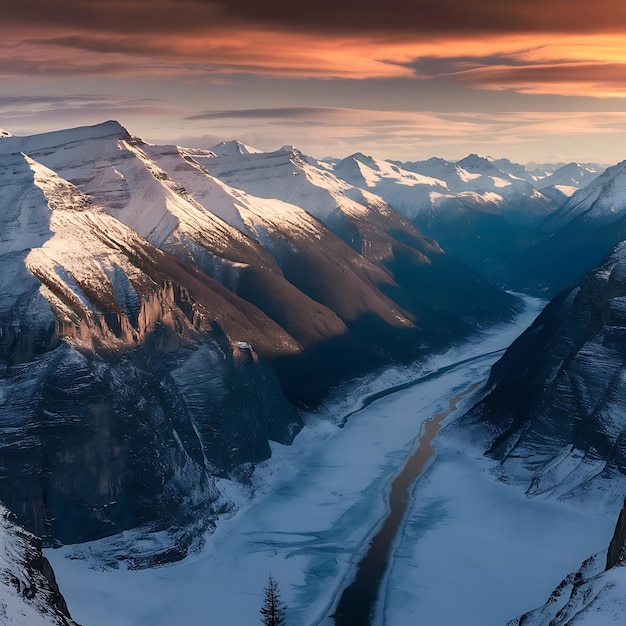 a mountain with a river flowing through it and a mountain in the background