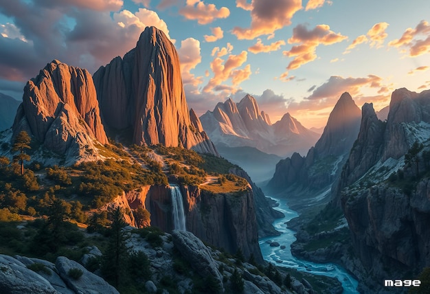 a mountain with a river running through it and a waterfall in the background