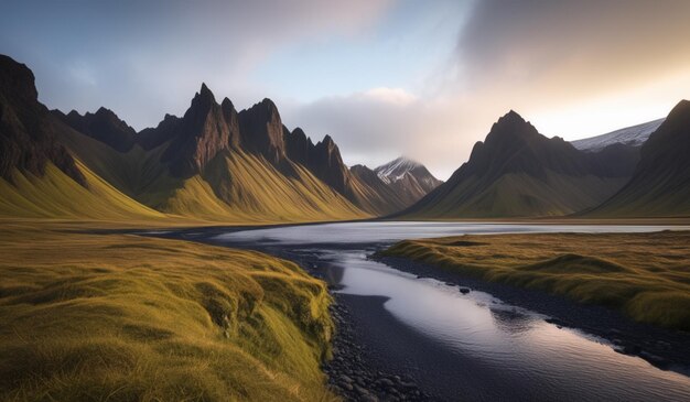 a mountain with a river running through it