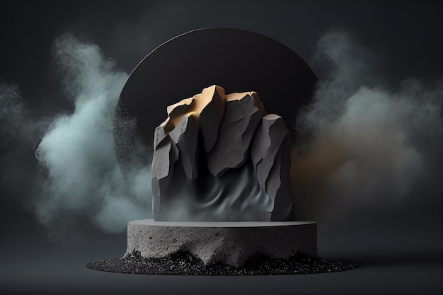 A mountain with a round base and smoke around it.