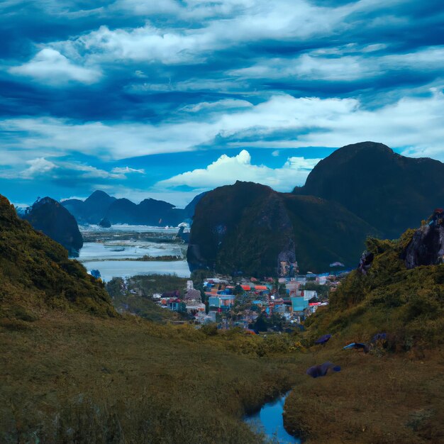 A mountain with a small town in the background