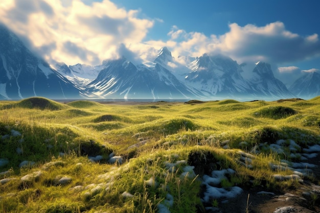 a mountain with snow on it and a blue sky with clouds