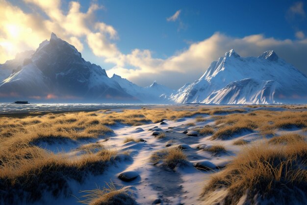 a mountain with snow on it and a blue sky with a few clouds