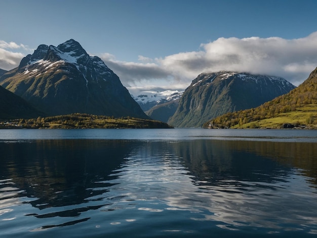 Photo a mountain with snow on it and a lake in the background