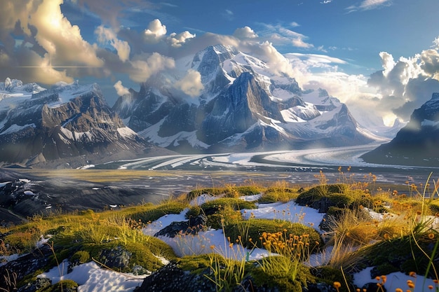 a mountain with snow on it and a mountain in the background