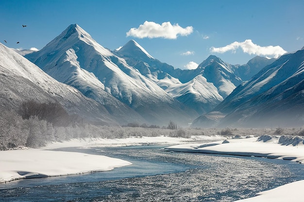 Photo a mountain with snow on it and a river in the background