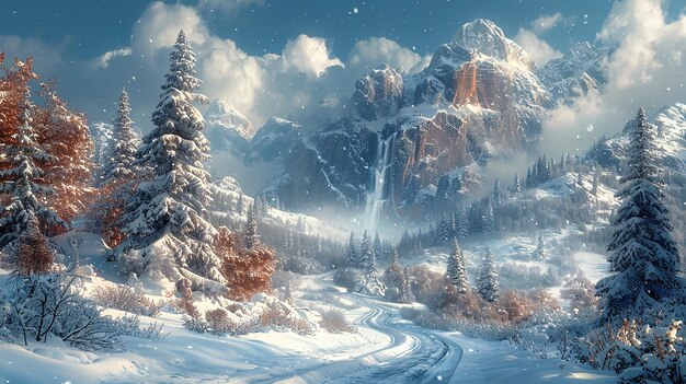 a mountain with snow on it and a road in the background