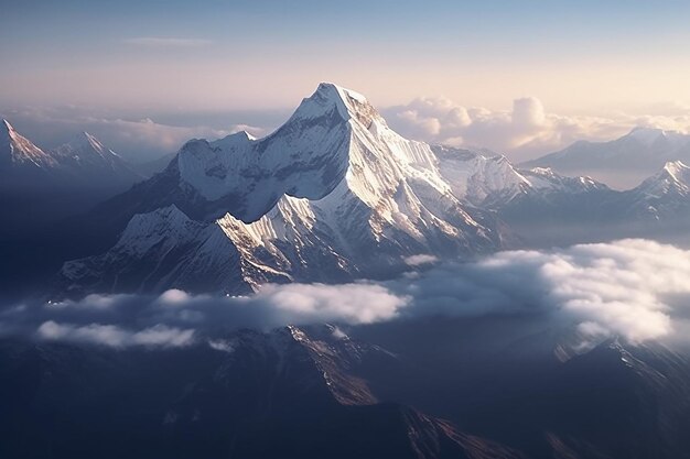 A mountain with snow on it and the sky is blue and the sun is shining.