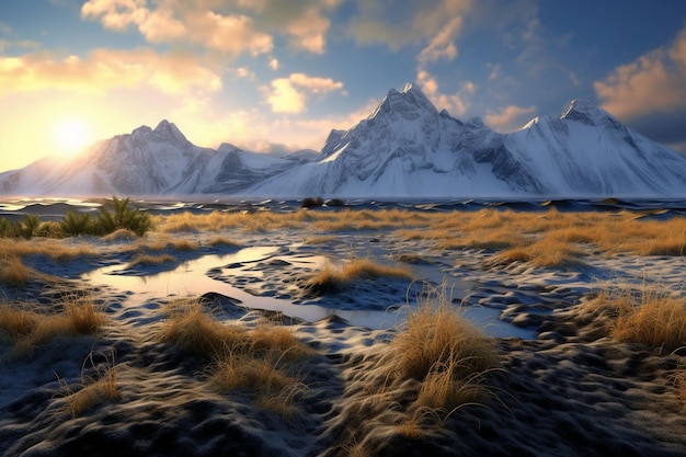 a mountain with snow on it and the sun in the background