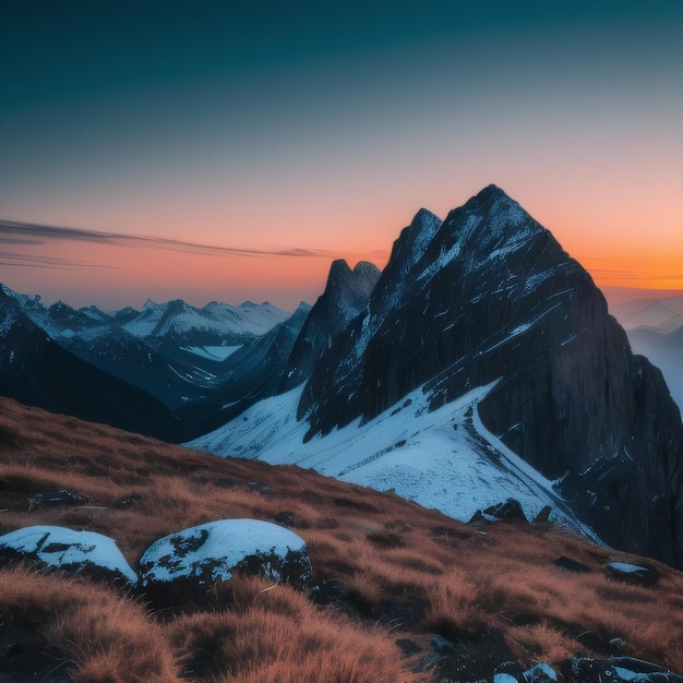 A mountain with snow on it and the sun is setting