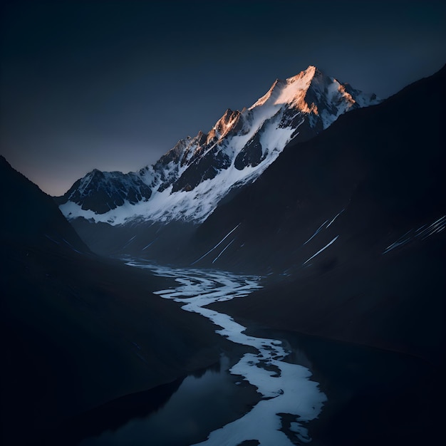 A mountain with snow on it and the sun is shining on it.