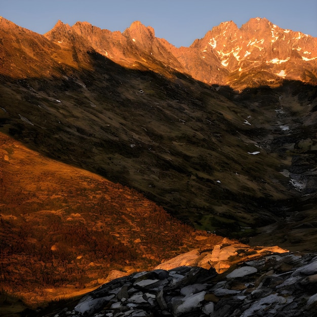 A mountain with snow on it and the sun is shining on the mountain