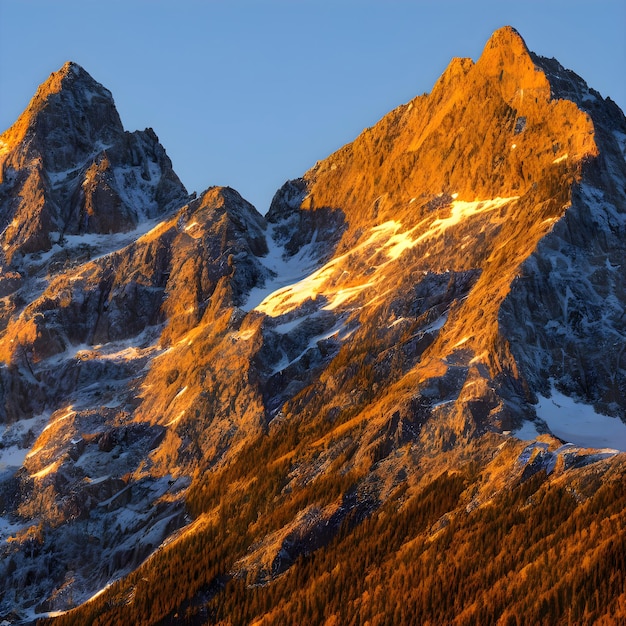 A mountain with snow on it and the sun is shining on the mountain.