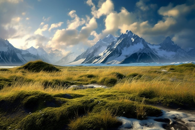 a mountain with snow on it and the sun shining through it