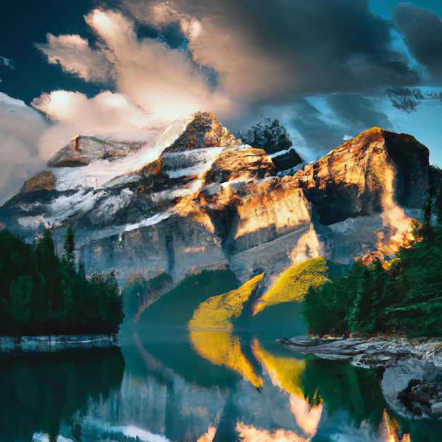 A mountain with snow on the top and a cloudy sky