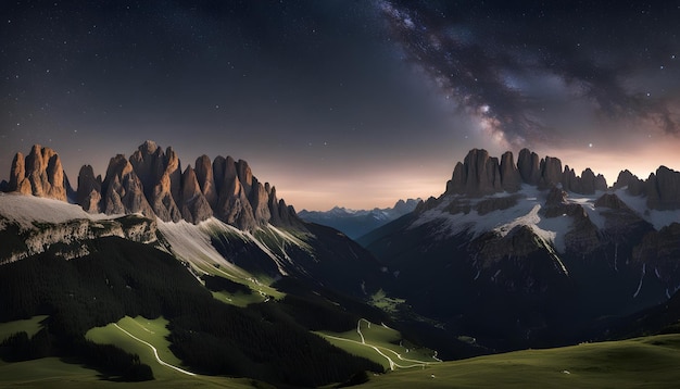 Photo a mountain with a star - filled sky and a mountain with a star - shaped sky above it