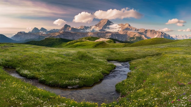 a mountain with a stream running through it