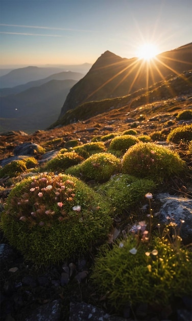 a mountain with a sun setting behind some small flowers