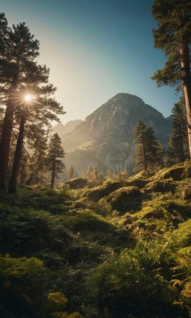 a mountain with the sun shining through the trees