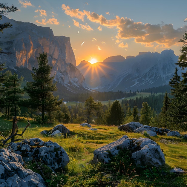 Photo a mountain with a sun shining through the trees