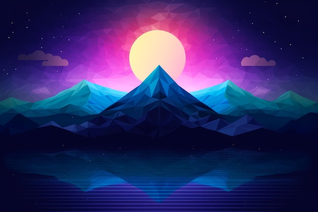 Mountain with sunset in the background and body of water in the foreground Generative AI