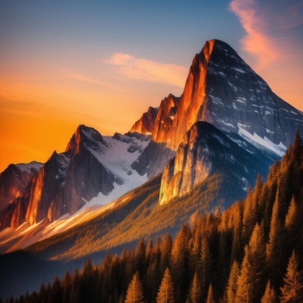 A mountain with a sunset in the background and a mountain with snow on the top.