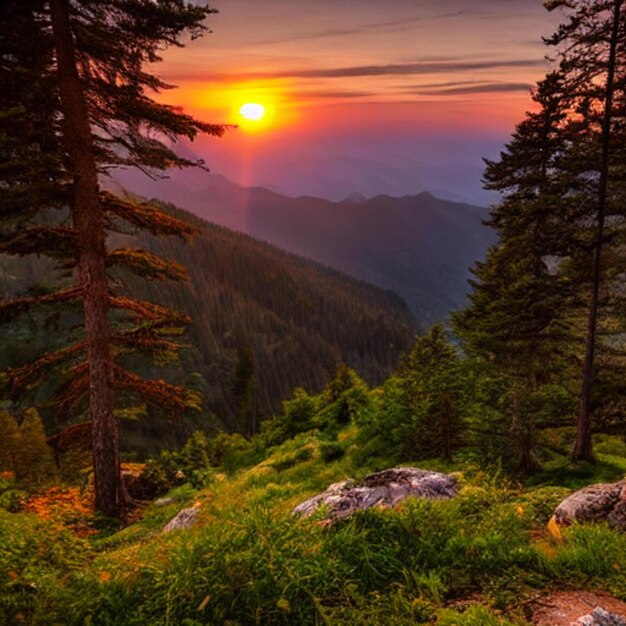 a mountain with a sunset in the background and a mountain with trees and mountains in the background