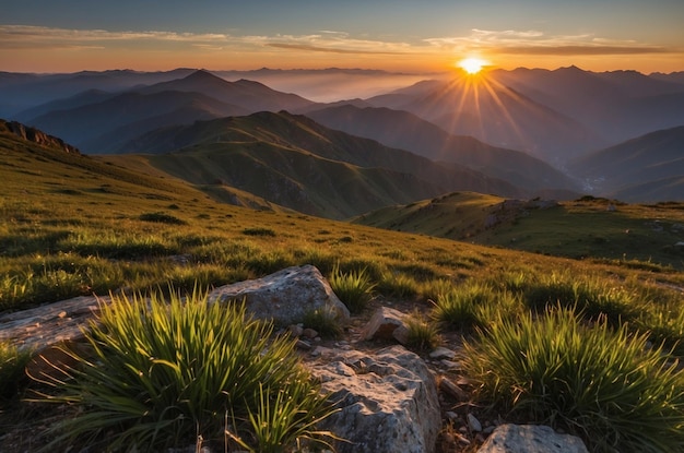 Photo a mountain with a sunset in the background and the sun shining through the grass