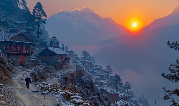 Photo a mountain with a sunset in the background