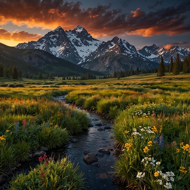 Photo a mountain with a sunset in the background