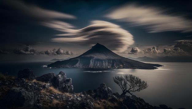 A mountain with a tree in the foreground