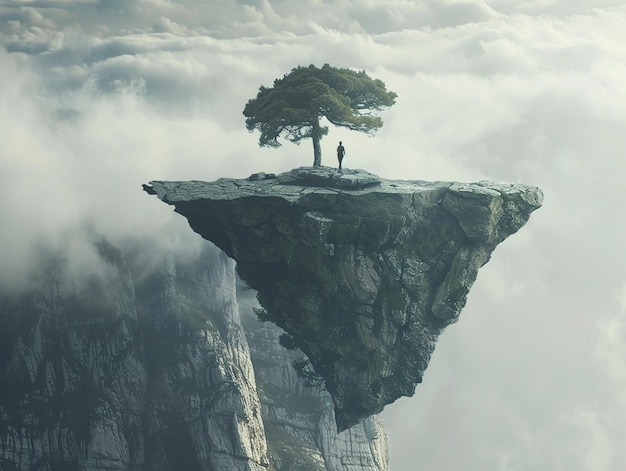 a mountain with a tree on it and a man standing on the top of it