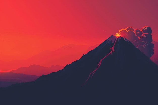 A mountain with a volcano on top and a red sky in the background