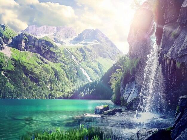 Photo a mountain with a waterfall in the background and the sun shining on the water