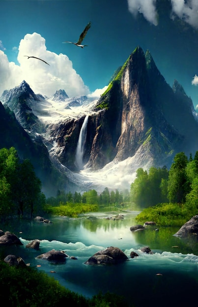 Mountain with a waterfall and a bird flying over it generative ai