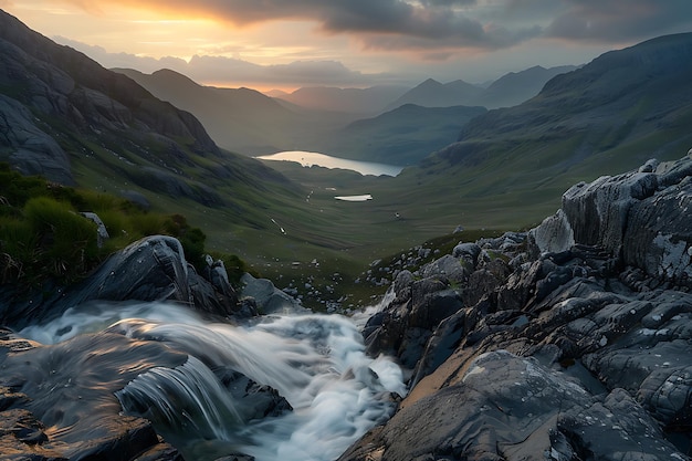 a mountain with a waterfall in the foreground and a lake in the background